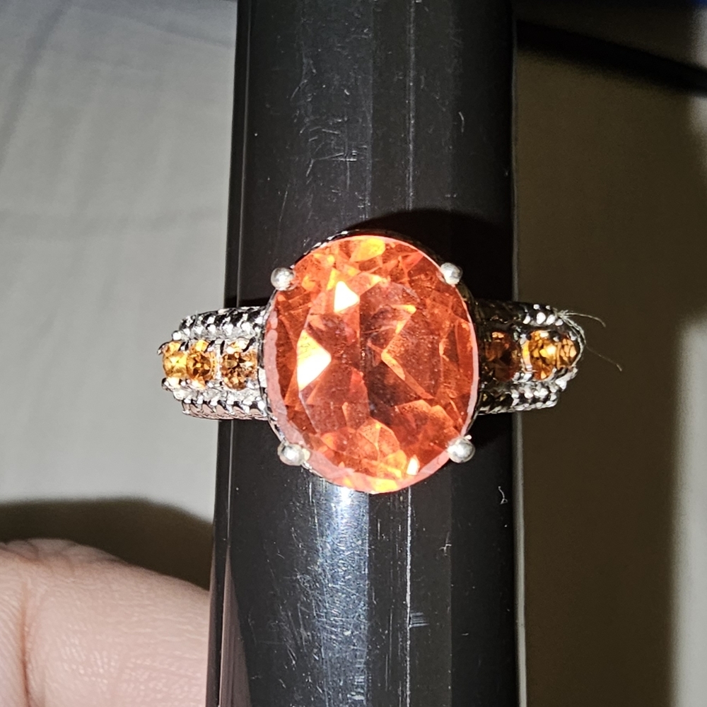 Sz 10, Sunfire Quartz, Orange Sapphire, Diamond Ring, 5.75 carats,  925 Silver